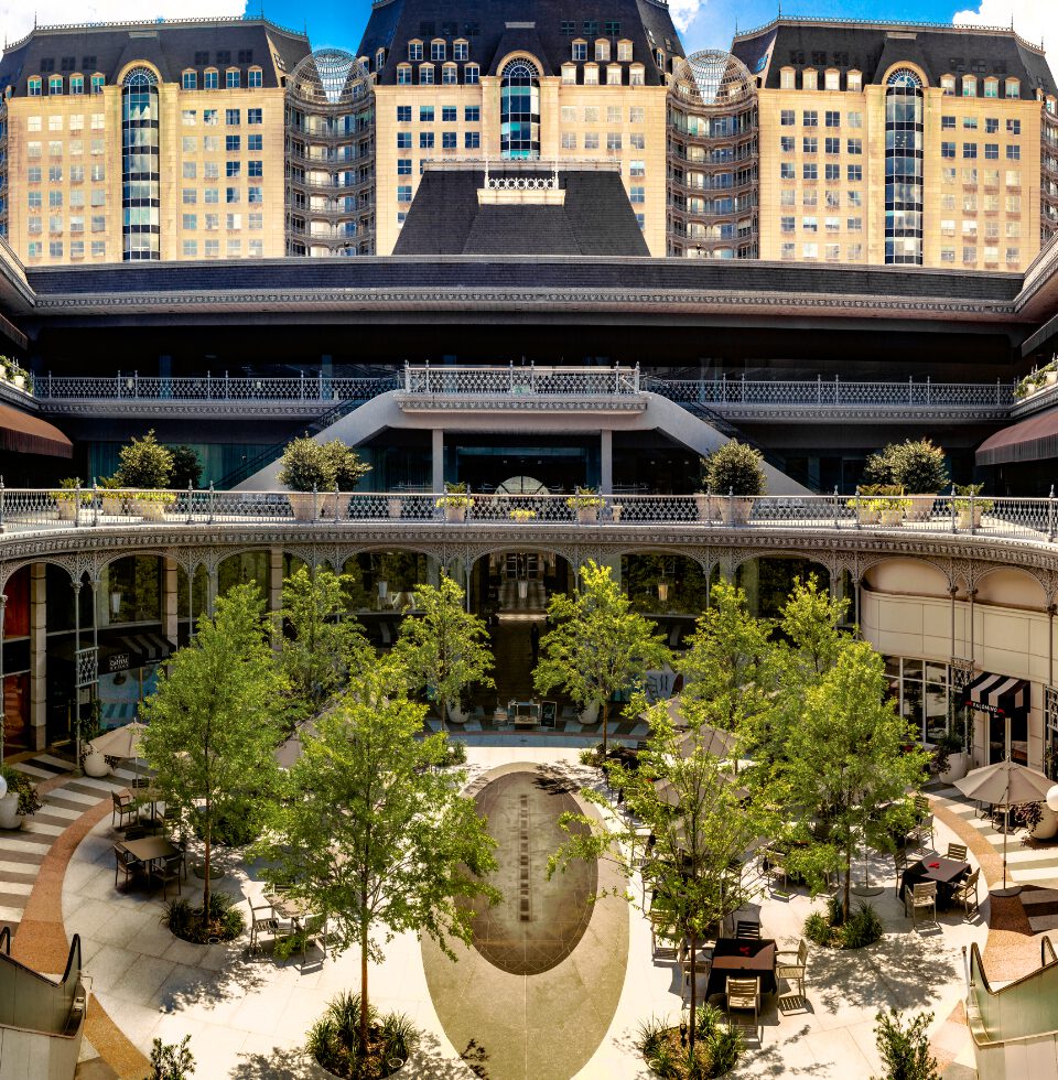 Aerial view of The Crescent courtyard and towers, home of The Crescent Club in Uptown Dallas